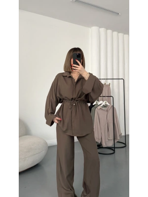 Tina Bel Büzgülü Gömlek Takım - Kahve
