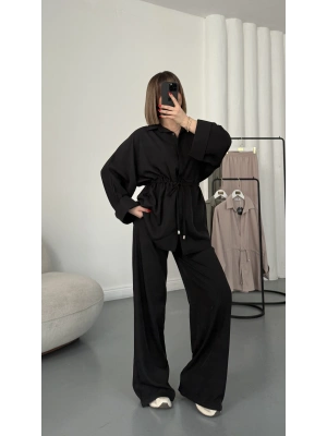 Tina Bel Büzgülü Gömlek Takım - Siyah