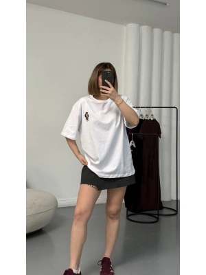 Bear Nakışlı Oversize Tshirt - Beyaz