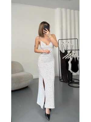 Askılı Puantiyeli Elbise - Beyaz