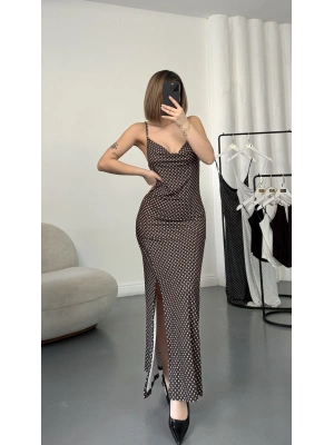 Askılı Puantiyeli Elbise - Kahve