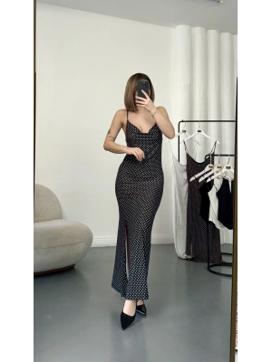 Askılı Puantiyeli Elbise - Siyah