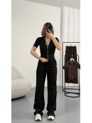 Roxa Fermuarlı Crop Takım - Siyah