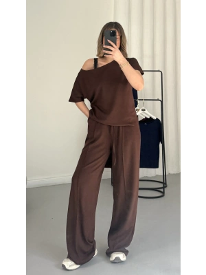 Hale Kayık Yaka Takım - Kahve