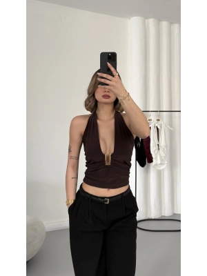 Elsie Tokalı Dekolte Bluz - Kahve