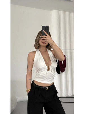 Elsie Tokalı Dekolte Bluz - Beyaz