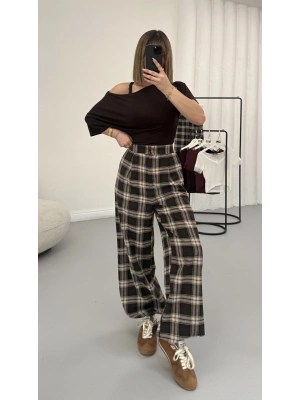 Ekoseli Şalvar Pantolon - Kahve