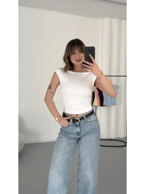 Moon Sırt Dekolte Crop - Beyaz