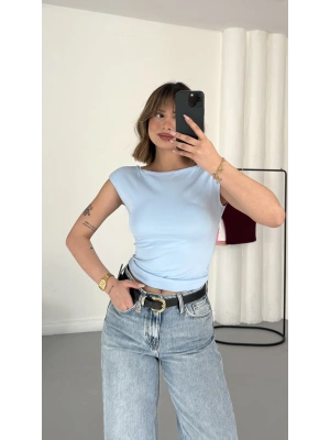 Moon Sırt Dekolte Crop - Mavi