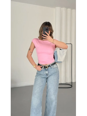 Moon Sırt Dekolte Crop - Pembe
