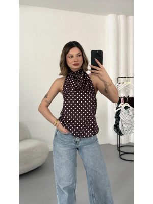 Puantiyeli Sırt Dekolte Bluz - Kahve