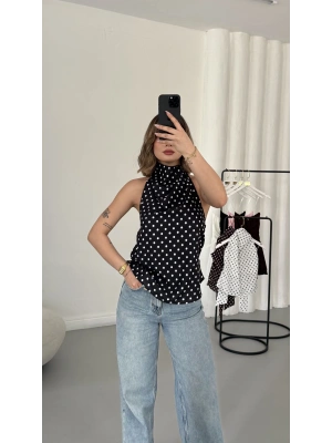 Puantiyeli Sırt Dekolte Bluz - Siyah
