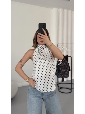 Puantiyeli Sırt Dekolte Bluz - Beyaz