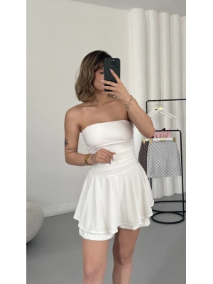 Straplez Şortlu Elbise - Beyaz