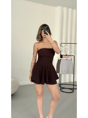 Straplez Şortlu Elbise - Kahve