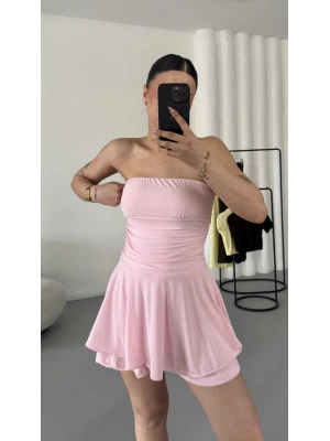 Straplez Şortlu Elbise - Pembe