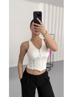 Maisy Fermuarlı Crop - Beyaz