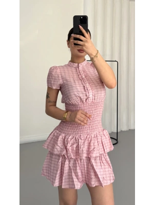 Ekoseli Gömlek Elbise - Pembe