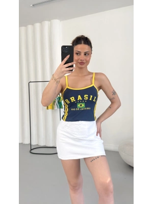 Brasil Baskılı Crop - Lacivert