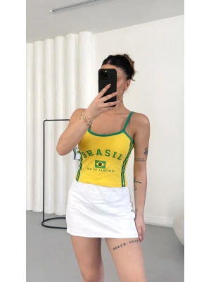 Brasil Baskılı Crop - Sarı