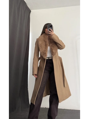 Adele Çıkarılabilir Kürklü Kaşe Kaban - Camel