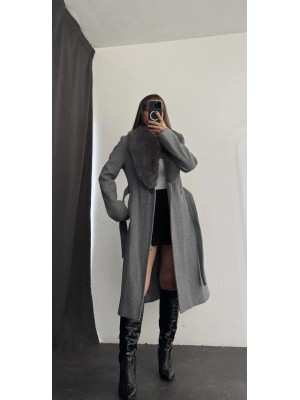 Adele Çıkarılabilir Kürklü Kaşe Kaban - Gri