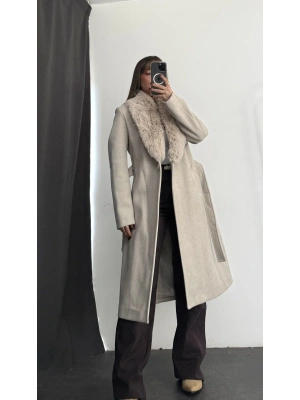 Adele Çıkarılabilir Kürklü Kaşe Kaban - Taş