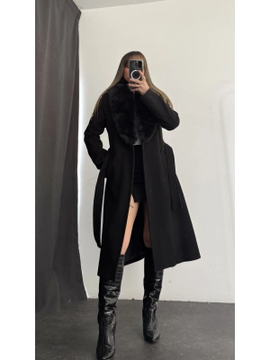 Adele Çıkarılabilir Kürklü Kaşe Kaban - Siyah