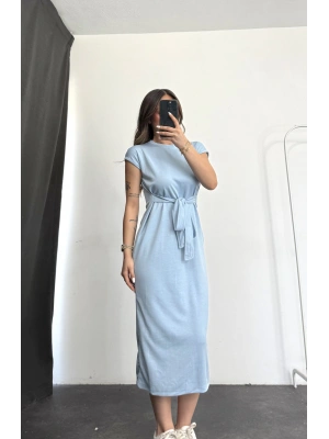Adelina Kuşaklı Elbise - Mavi
