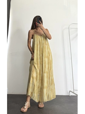 Aksesuar Yakalı Elbise - Sarı