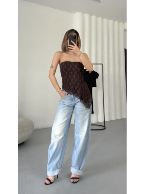 Alain Straplez Dantel Crop - Kahve