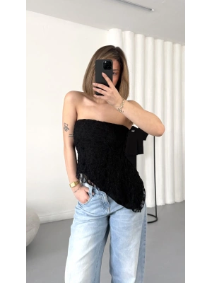 Alain Straplez Dantel Crop - Siyah