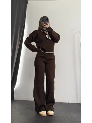 Amanda Fular Detay Triko Takım - Kahve