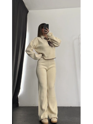 Amanda Fular Detay Triko Takım - Taş