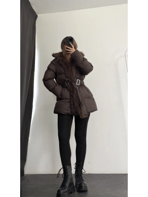 Amor Kürklü Şişme Mont - Kahve