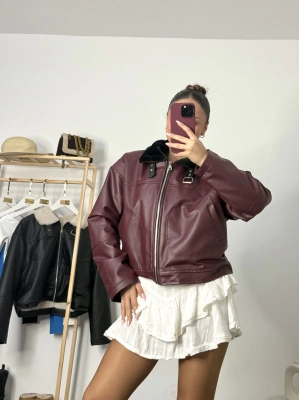 Angel Kürklü Deri Mont - Bordo