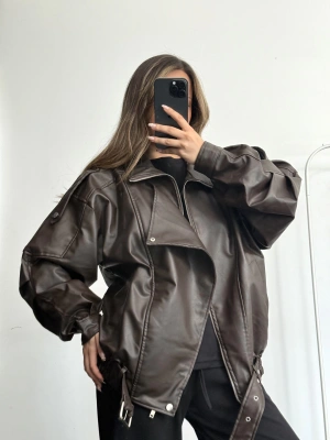 Angela Oversize Deri Ceket - Kahve