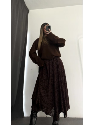 Ashe Desenli Tül Etek - Kahve