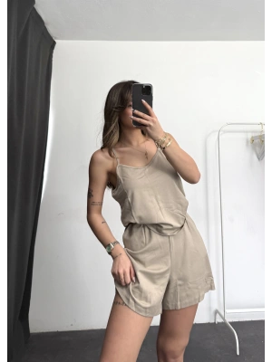 Askılı Şortlu Takım - Bej