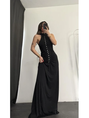 Atina Düğme Detay Elbise - Siyah