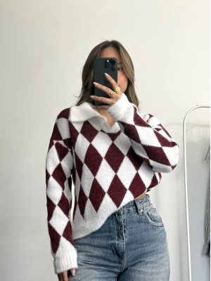 Baklava Desen Triko Kazak - Bordo