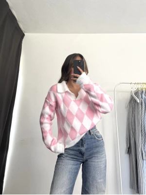 Baklava Desen Triko Kazak - Pembe