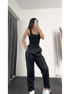 Bel Lastik Deri Pantolon - Siyah