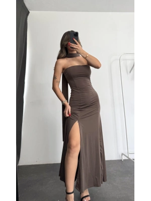 Camellia Şal Detay Elbise - Kahve