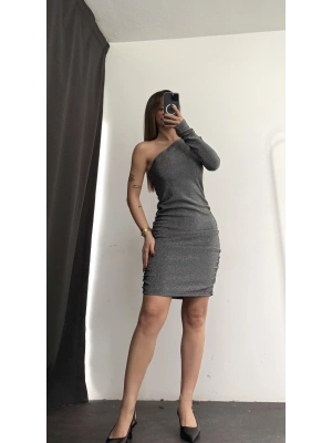 Candice Tek Kol Simli Elbise - Gri