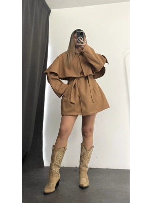 Çıkarılabilir Rüzgarlıklı Kaşe Kaban - Camel