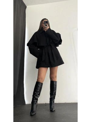 Çıkarılabilir Rüzgarlıklı Kaşe Kaban - Siyah