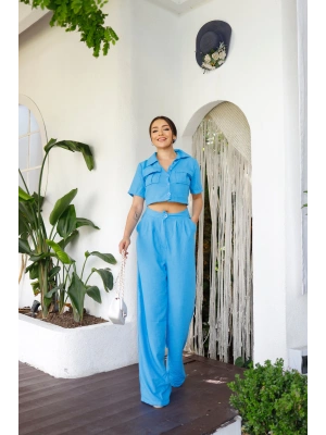 Crop Keten Takım - Mavi