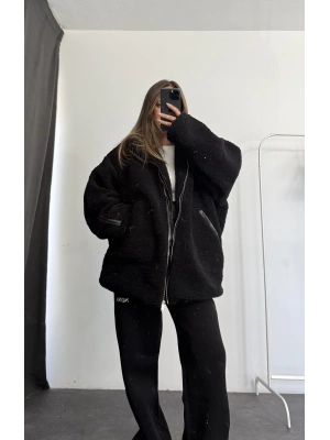 Damen Oversize Peluş Mont - Siyah