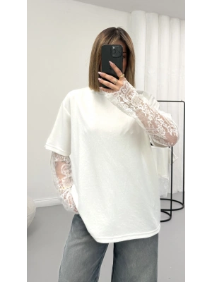 Dantel Kol Detay Tshirt - Beyaz